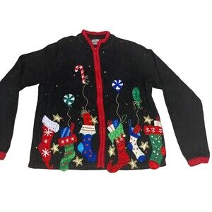 Ugly Christmas sweater vintage M full zip cardigan sequins stockings 90s
